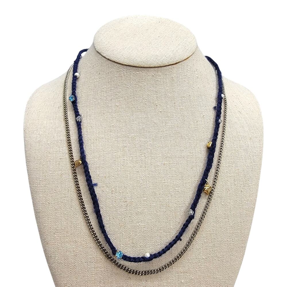 Betsey Johnson Layered Heart Charm Necklace Blue Braided Cord Chain Y2K Boho